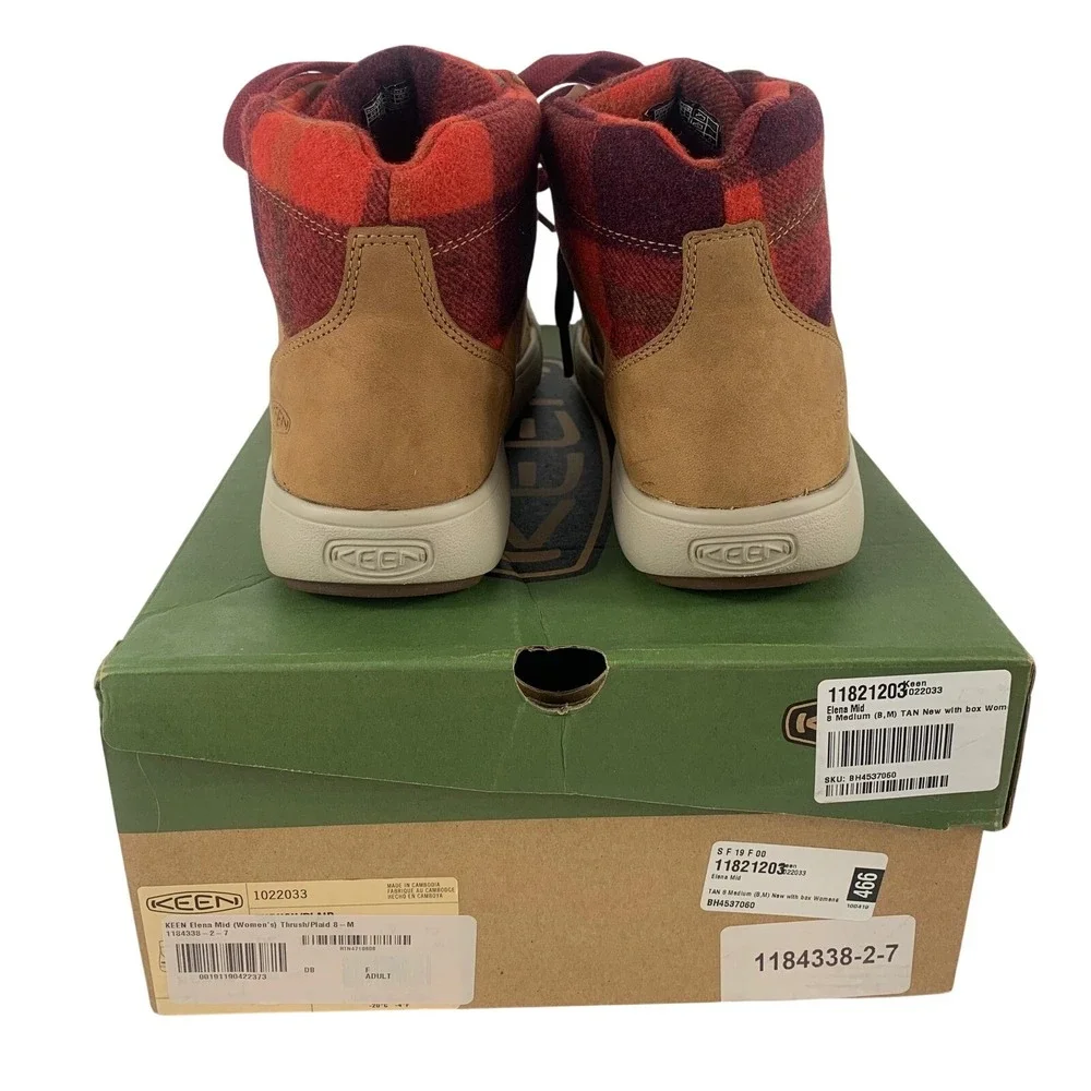 KEEN Elena Mid Womens Boots Tan Leather Red Buffalo Plaid Sneaker 1022033 Size 8